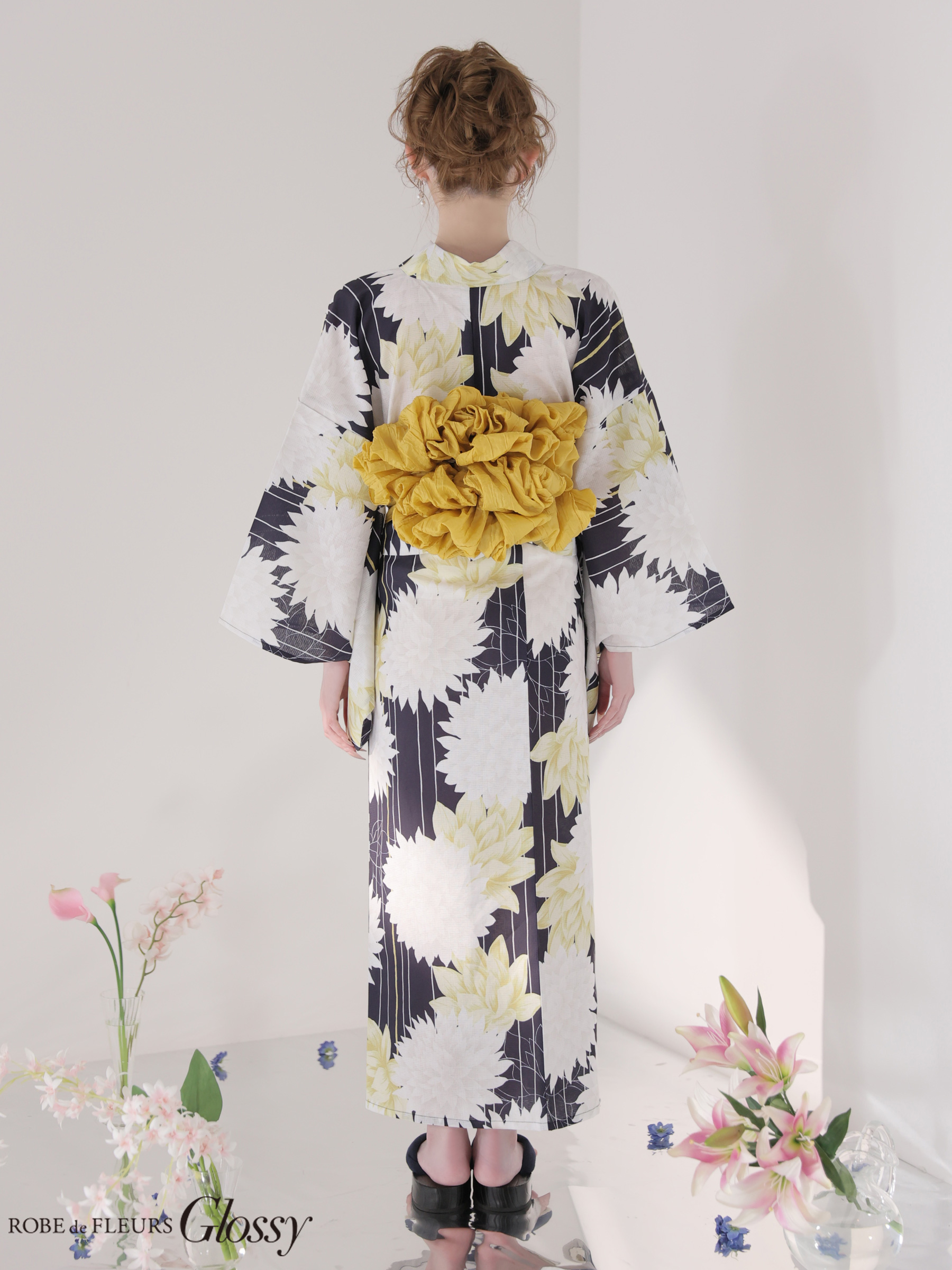 浴衣 Glossy グロッシー モダン 大花柄 ダリア 縦縞 3点SET のイメージ画像4