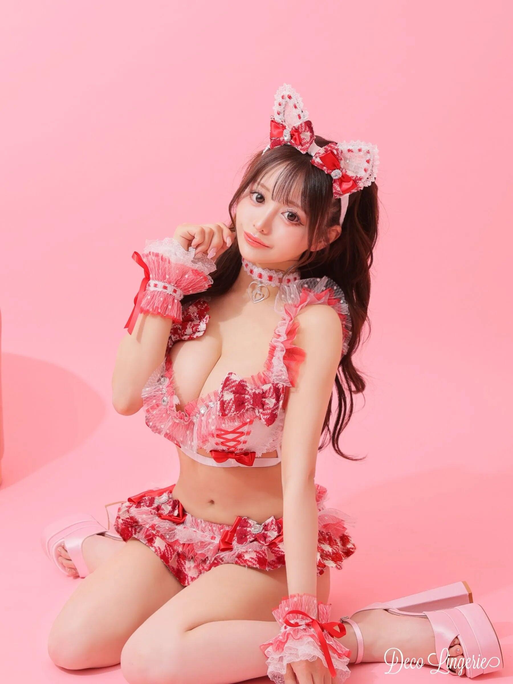 猫 フリル リボン チェック柄 ドット柄 ガーリー ツイード ランジェリー 6点セットのイメージ画像2