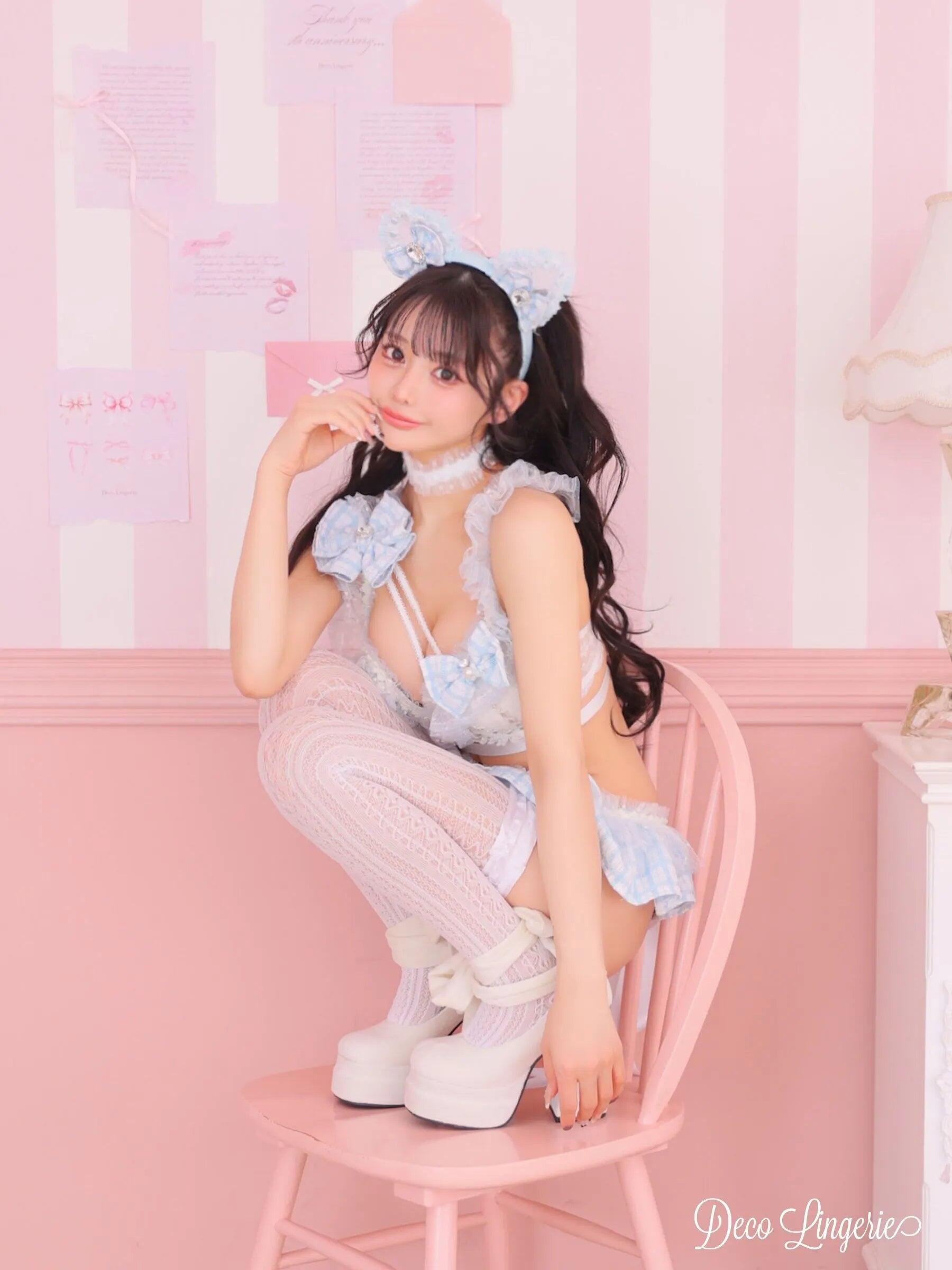 猫 チェック柄 フリル リボン レース ガーリー ランジェリー 5点セットのイメージ画像3