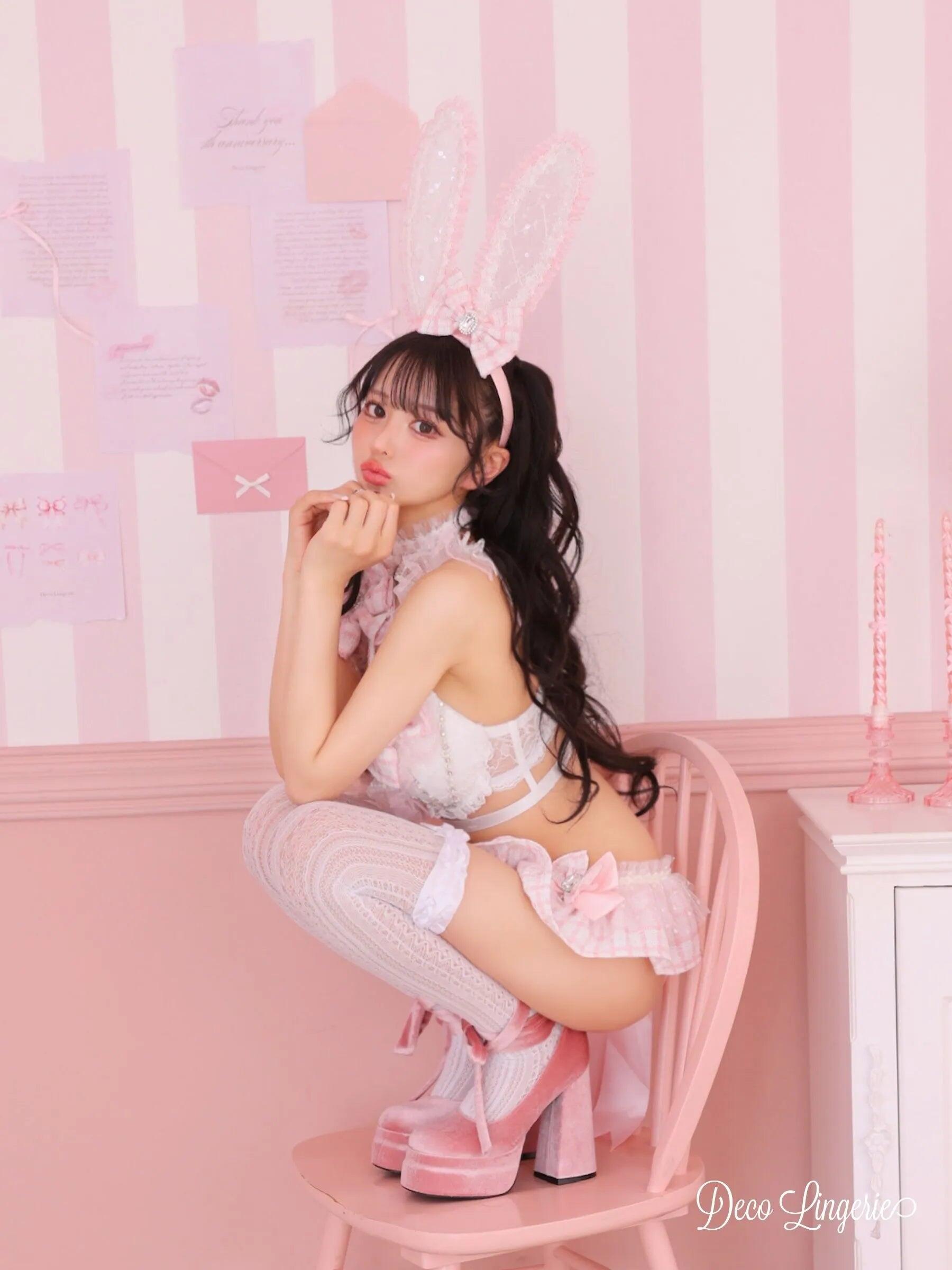 バニー ツイード ラメチュール スパンコール リボン チェック柄 ガーリー ランジェリー 5点セットのイメージ画像2