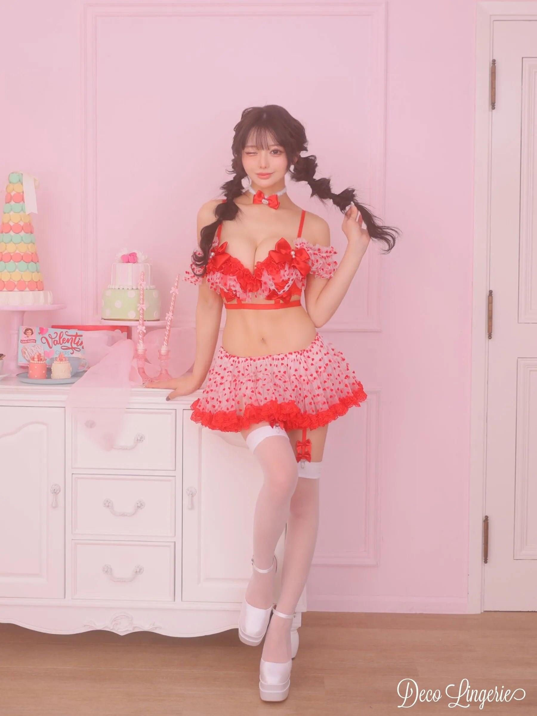 リボン ハート柄 レース フリル ラブリー ランジェリー 4点セットのイメージ画像4