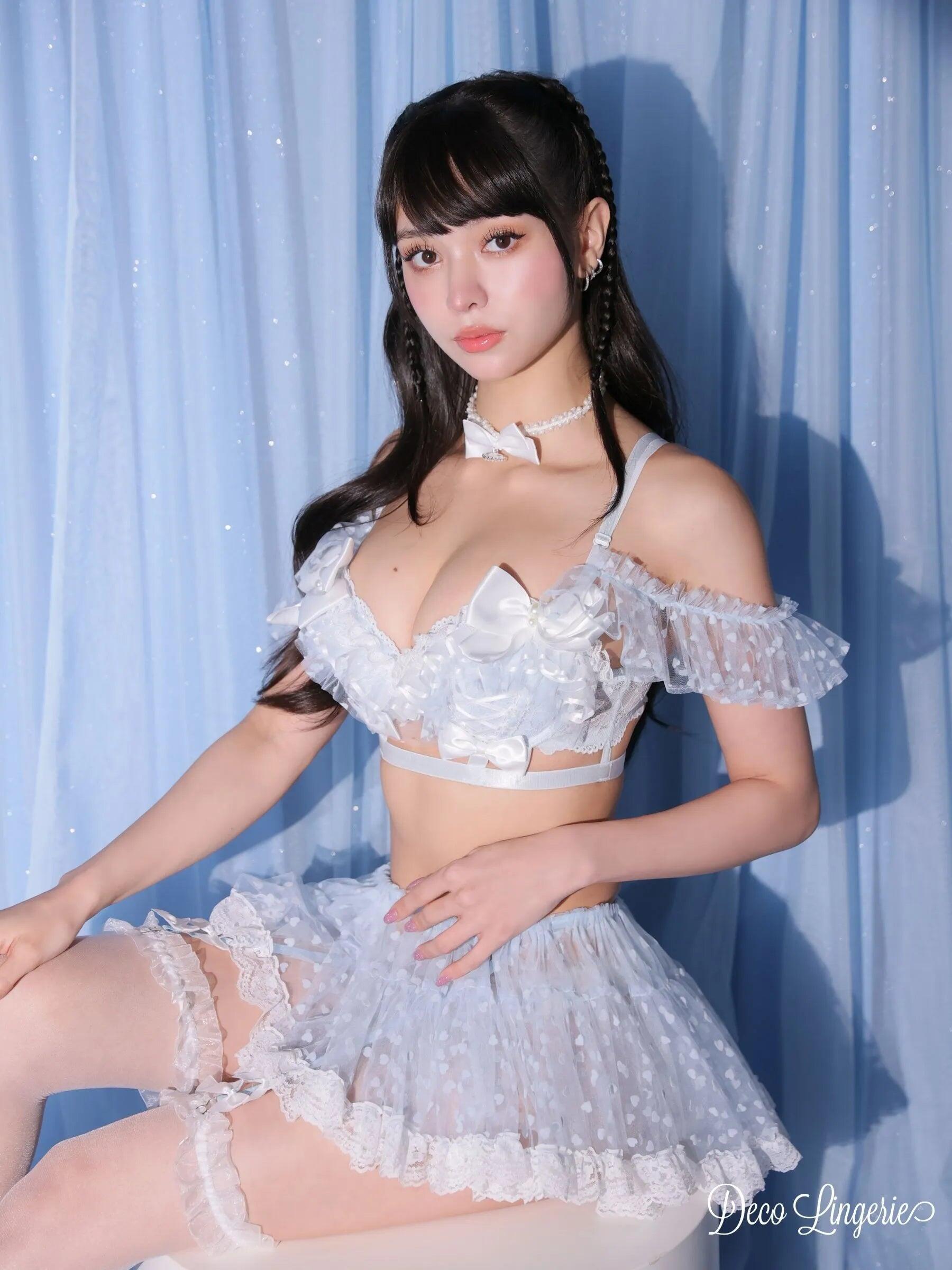 リボン ハート柄 レース フリル ラブリー ランジェリー 4点セットのイメージ画像1