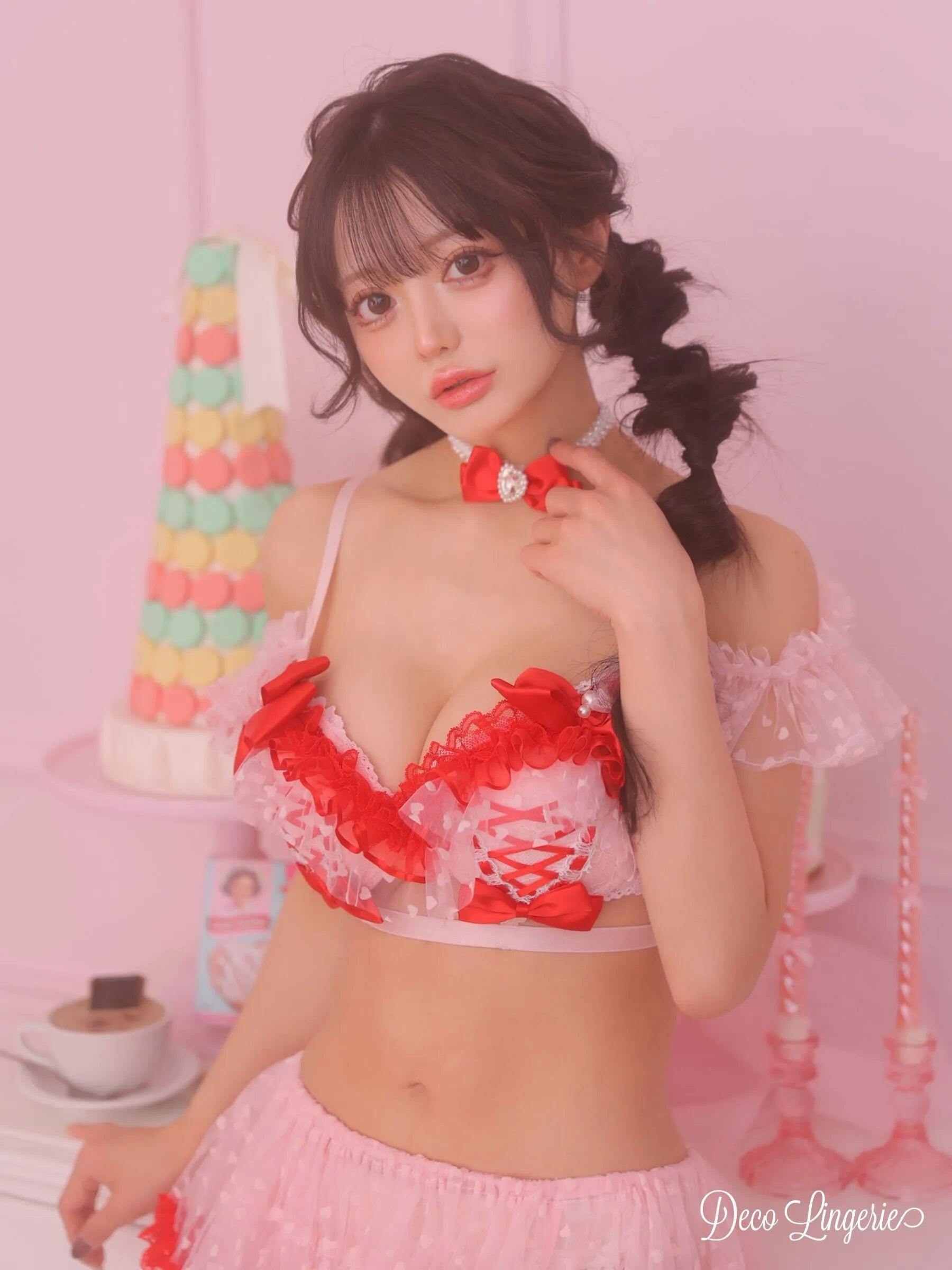 リボン ハート柄 レース フリル ラブリー ランジェリー 4点セットのイメージ画像2