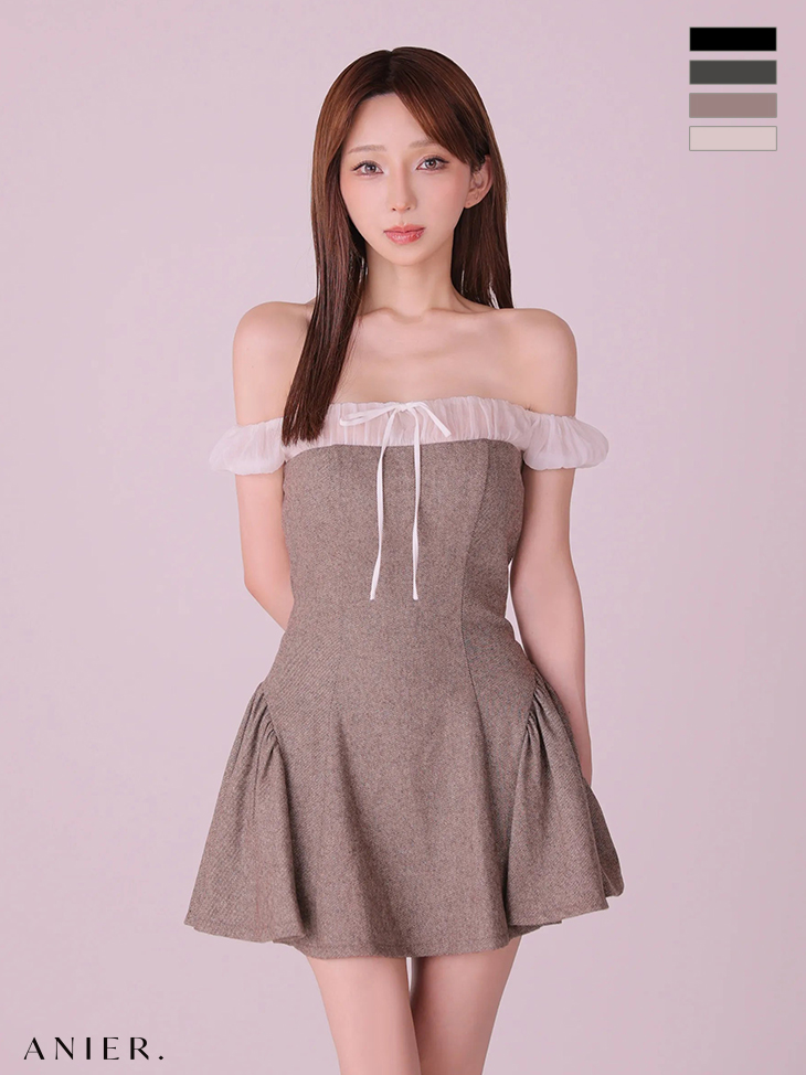 オフショルダー ガーリー グリッター シフォン リボン フレアミニドレスのイメージ画像1