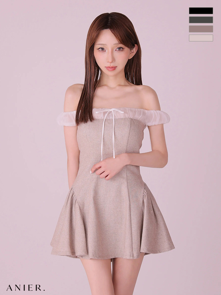 オフショルダー ガーリー グリッター シフォン リボン フレアミニドレスのイメージ画像2