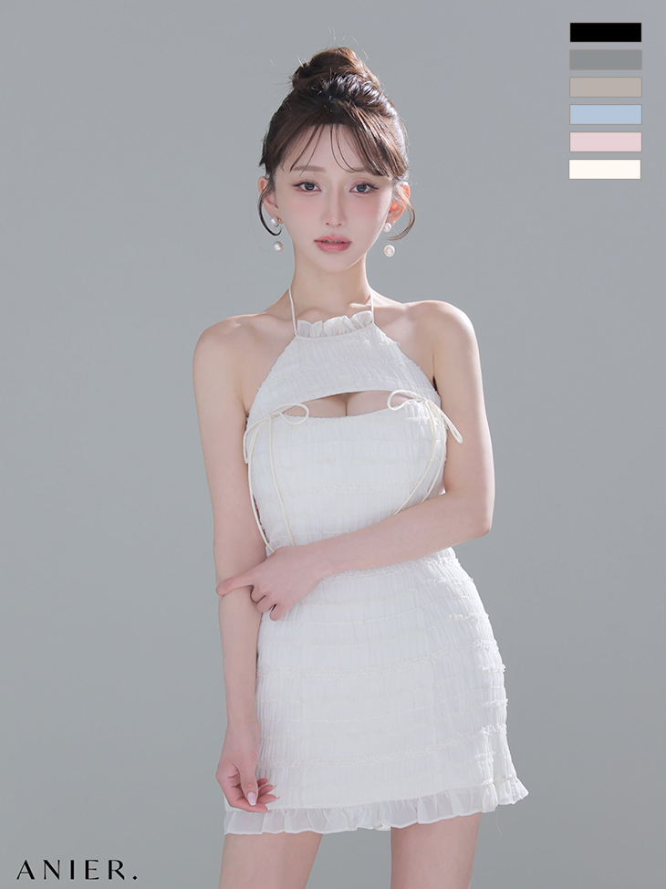 セットアップ 肩あき ジップデザイン リボン レイヤード レース タイトミニドレスのイメージ画像1