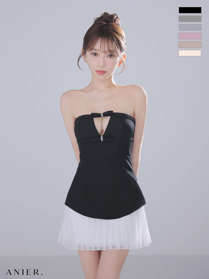 ベアトップ ビジューリボン バストカット シフォンプリーツ ドッキング フレアミニドレスのイメージ画像2