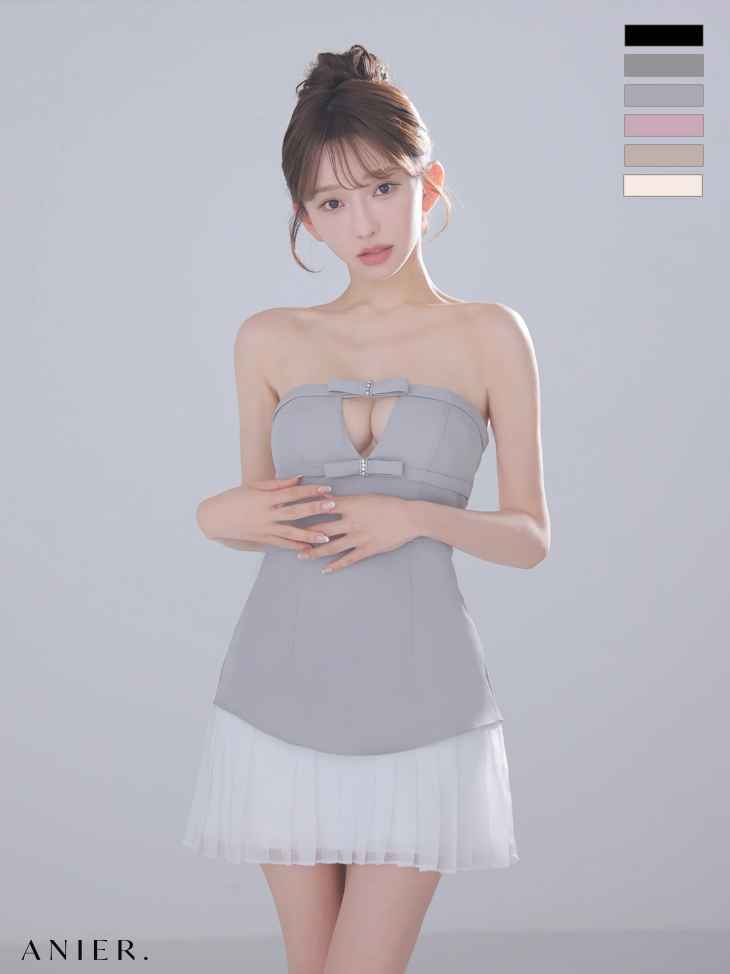 ベアトップ ビジューリボン バストカット シフォンプリーツ ドッキング フレアミニドレスのイメージ画像3