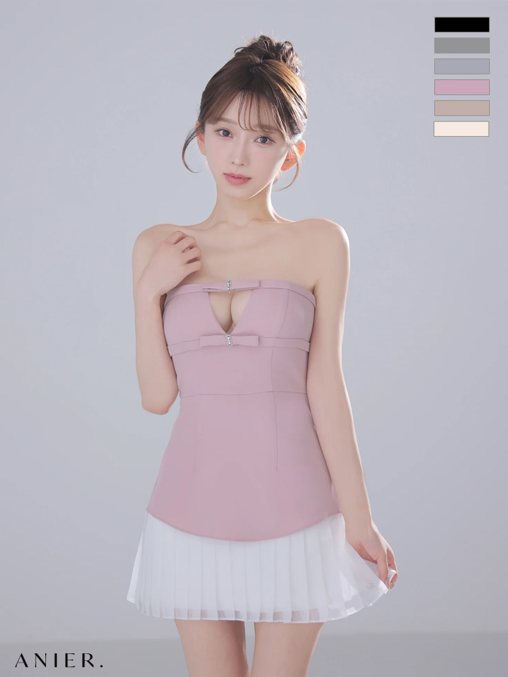 ベアトップ ビジューリボン バストカット シフォンプリーツ ドッキング フレアミニドレスのイメージ画像4