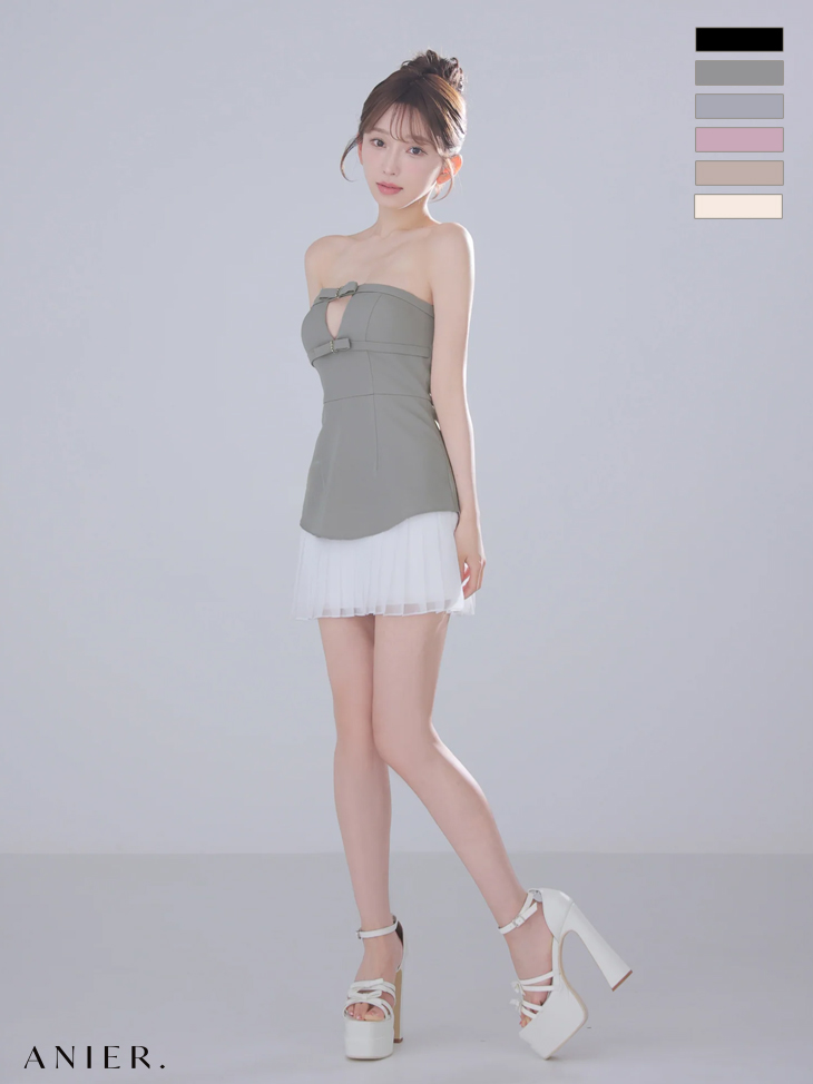 ベアトップ ビジューリボン バストカット シフォンプリーツ ドッキング フレアミニドレスのイメージ画像5