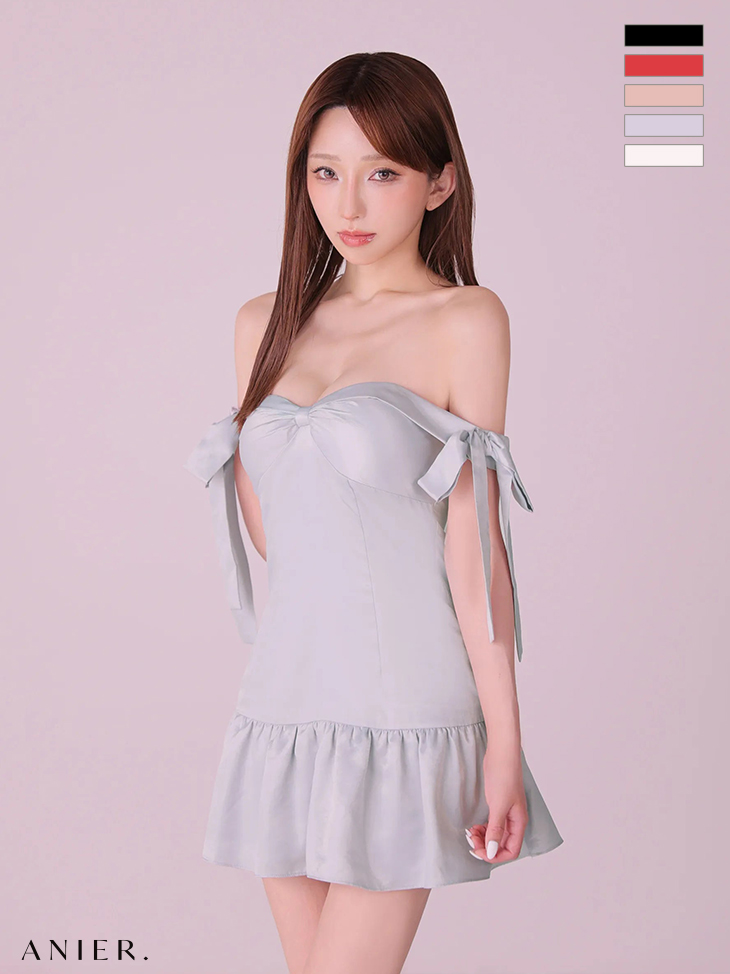 オフショルダー リボン サテン フリル フレアミニドレスのイメージ画像5