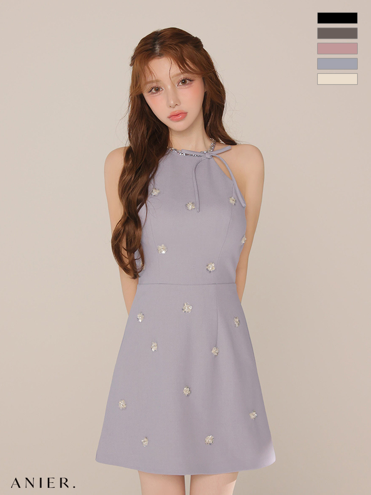 ホルターネック リボン ビジュー フラワーモチーフ バックオープン フレアミニドレスのイメージ画像4