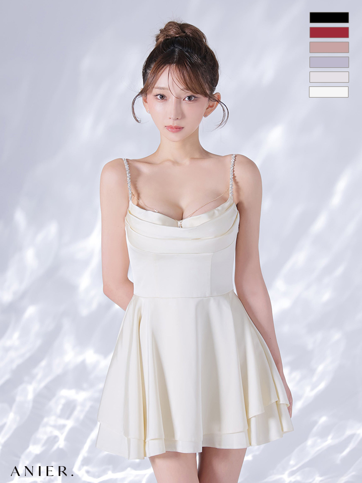 キャミソール ビジュー チェーンチャーム ドレープ フレアミニドレスのイメージ画像2