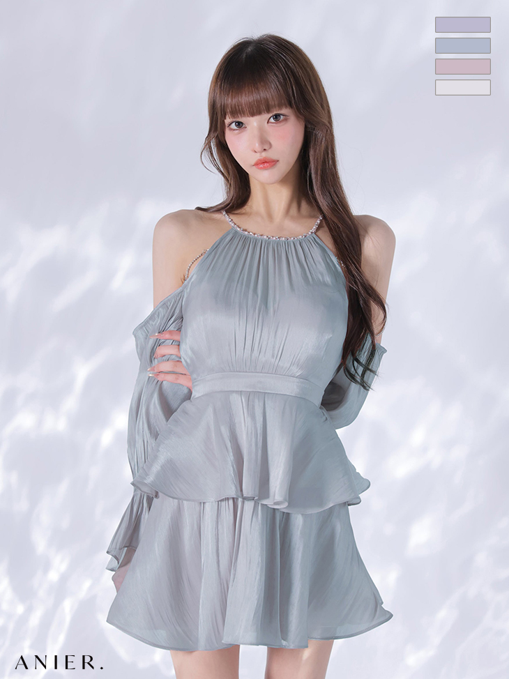 ビジューチェーン 肩あき 長袖 オーガンジー ペプラム フレアミニドレスのイメージ画像1