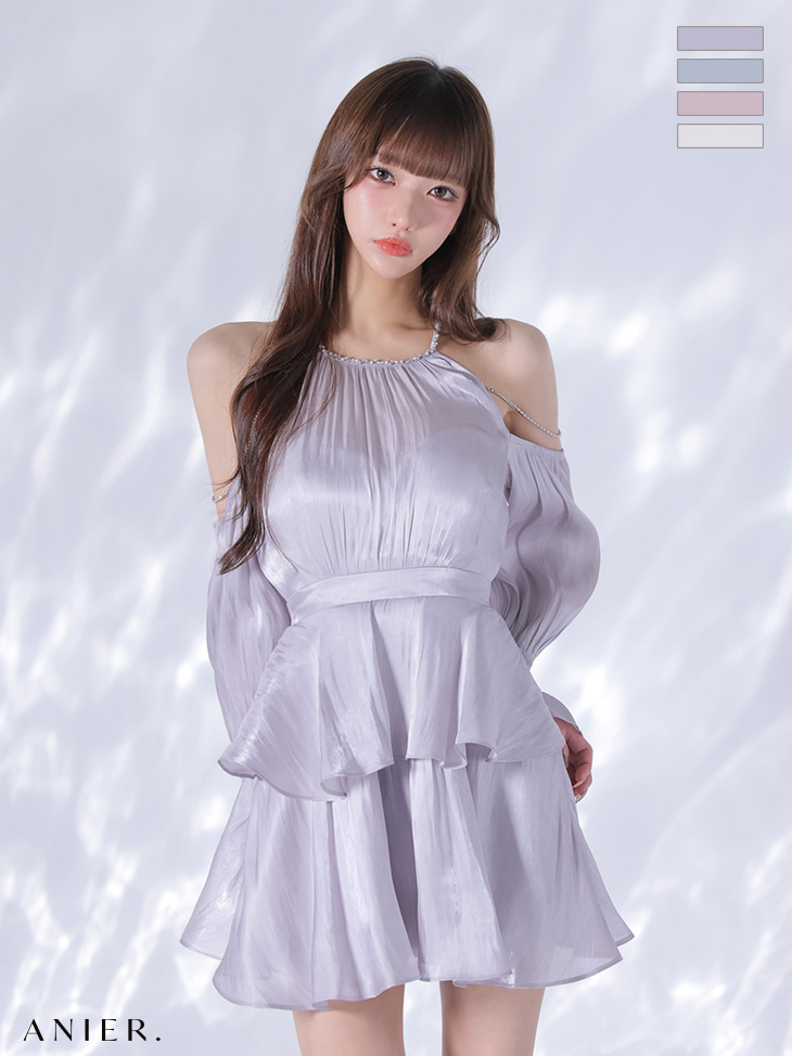 ビジューチェーン 肩あき 長袖 オーガンジー ペプラム フレアミニドレスのイメージ画像2