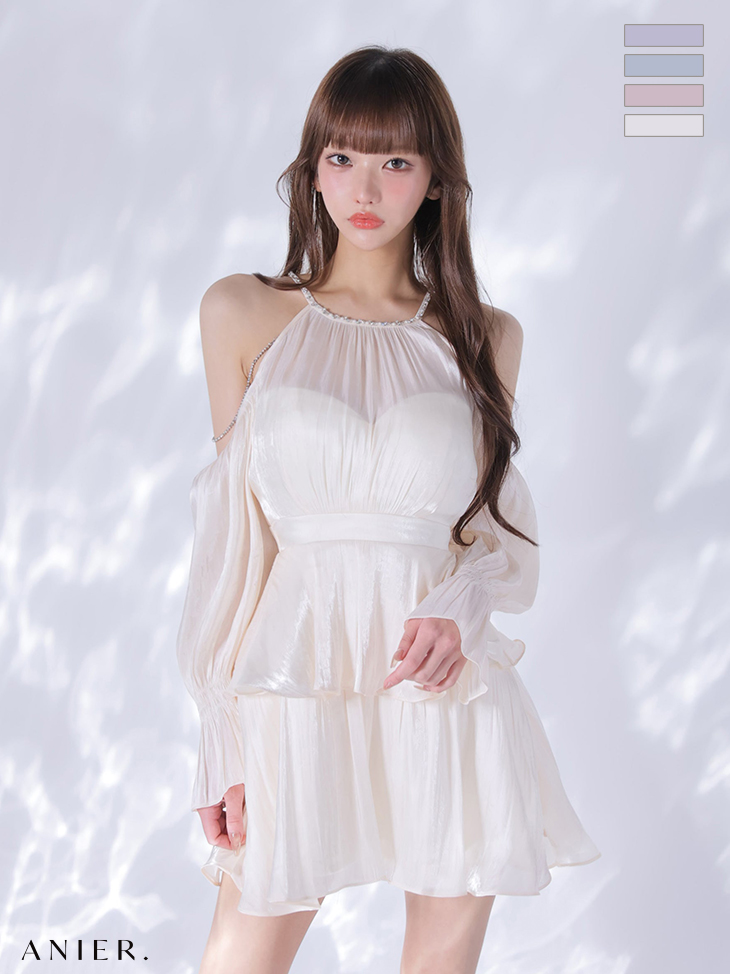 ビジューチェーン 肩あき 長袖 オーガンジー ペプラム フレアミニドレスのイメージ画像3