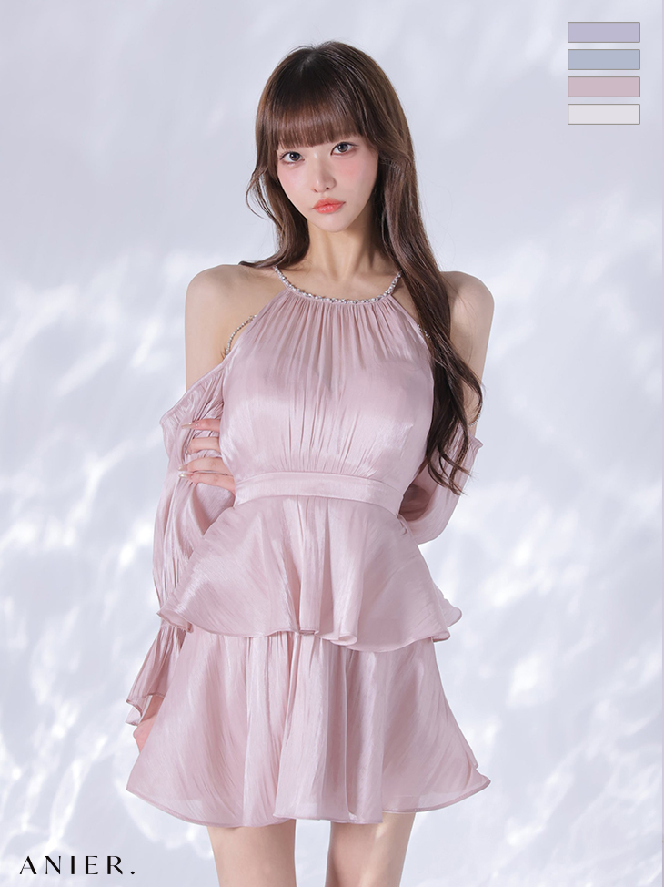 ビジューチェーン 肩あき 長袖 オーガンジー ペプラム フレアミニドレスのイメージ画像4