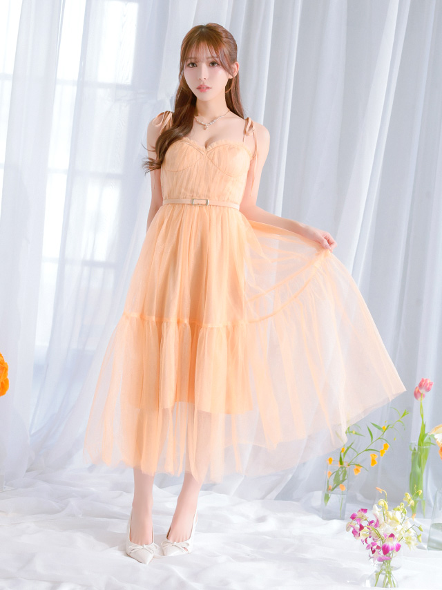 エレガント オープンバスト キャミソール ショルダーリボン ベルトデザイン ギャザー チュール Aラインロングドレスのイメージ画像1