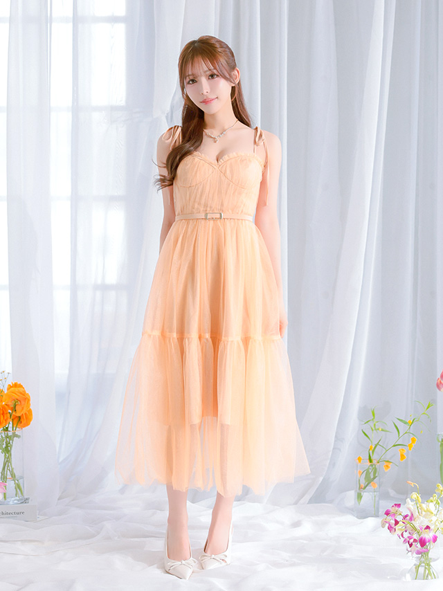 エレガント オープンバスト キャミソール ショルダーリボン ベルトデザイン ギャザー チュール Aラインロングドレスのイメージ画像3