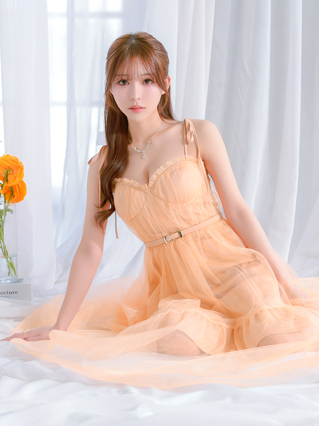 エレガント オープンバスト キャミソール ショルダーリボン ベルトデザイン ギャザー チュール Aラインロングドレスのイメージ画像4