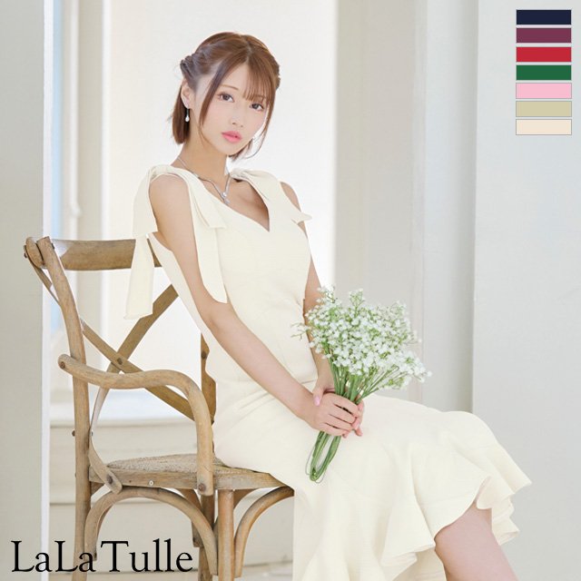 キャバドレス DEA. ROBE de FLEURS ディア ローブドフルール ノースリーブ ショルダーリボン シンプル ラメツイル ワンカラー マーメイド タイト 膝丈ドレスのメイン画像