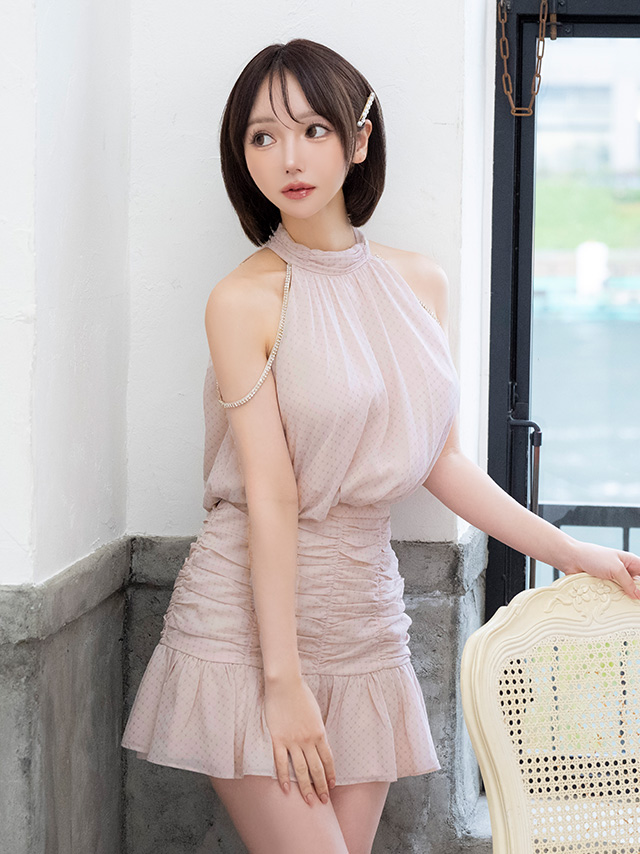 ホルターネック ドット柄 シフォン セットアップ シンプル フレアミニドレスのイメージ画像1