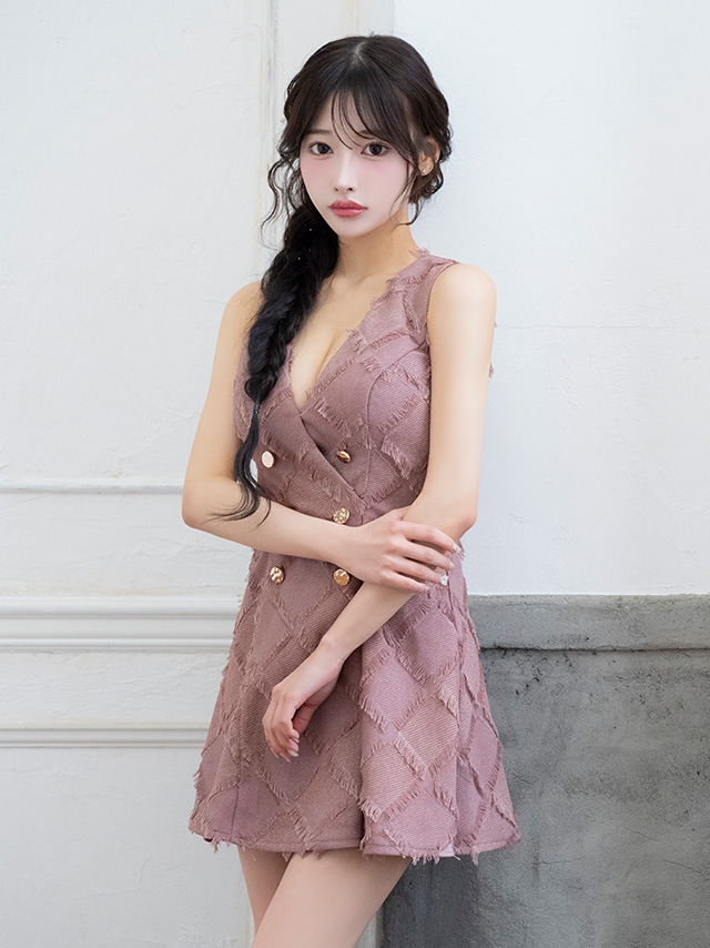 クラシカル ノースリーブ オープンバスト フリンジジャガード ダブルボタン フレアミニドレスのイメージ画像1