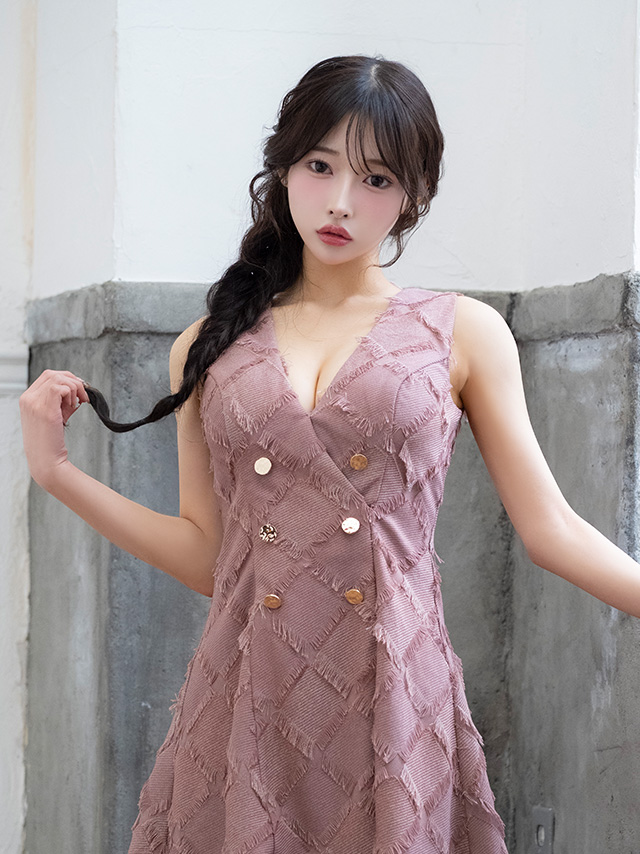 クラシカル ノースリーブ オープンバスト フリンジジャガード ダブルボタン フレアミニドレスのイメージ画像4