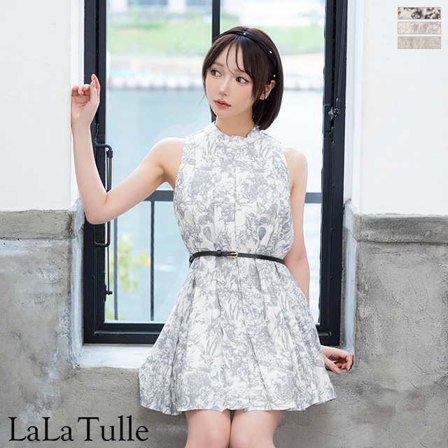 ノースリーブ ウエストベルト ツイード 花柄 プリーツ フレアミニドレス のメイン画像