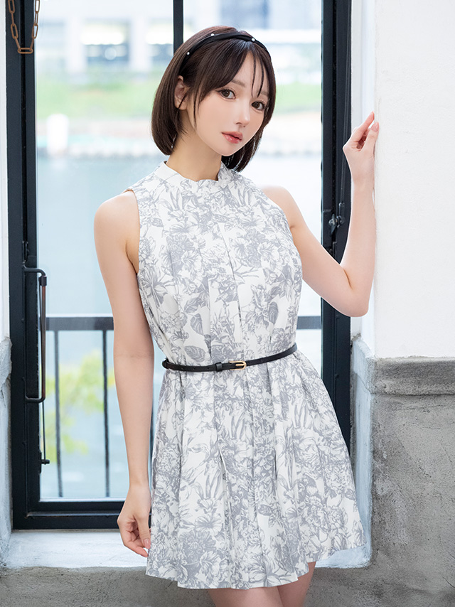 ノースリーブ ウエストベルト ツイード 花柄 プリーツ フレアミニドレス のイメージ画像1