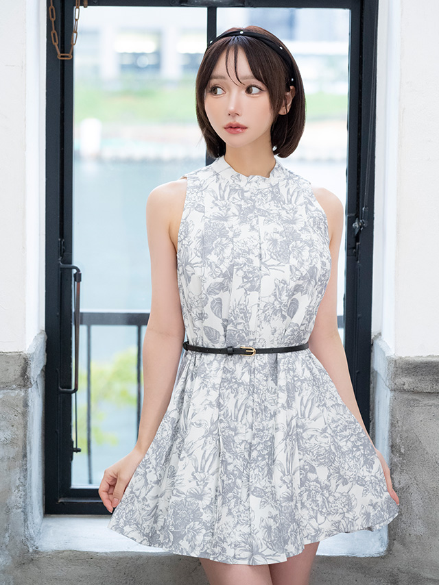 ノースリーブ ウエストベルト ツイード 花柄 プリーツ フレアミニドレス のイメージ画像3