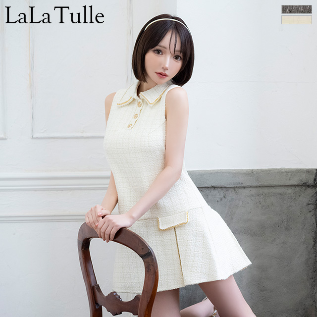 ノースリーブ ツイード 襟付き フロントボタン フレアミニドレスのイメージ画像1