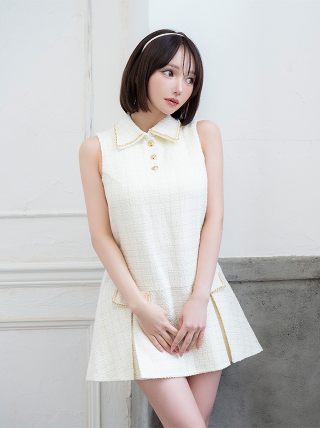 ノースリーブ ツイード 襟付き フロントボタン フレアミニドレスのイメージ画像2