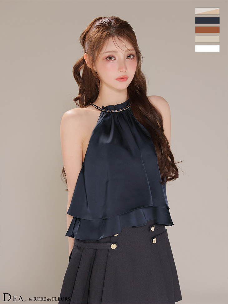 セットアップ ホルターネック クラシカル フリル シフォン プリーツスカート フレアミニドレスのイメージ画像4
