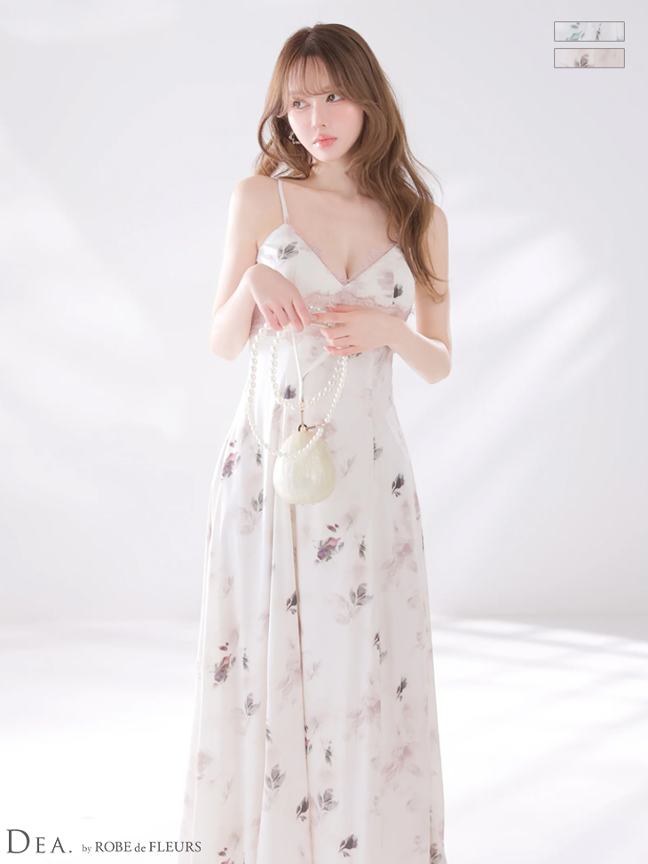 キャミソール スリット 花柄 サテン レース Aラインロングドレスのイメージ画像2