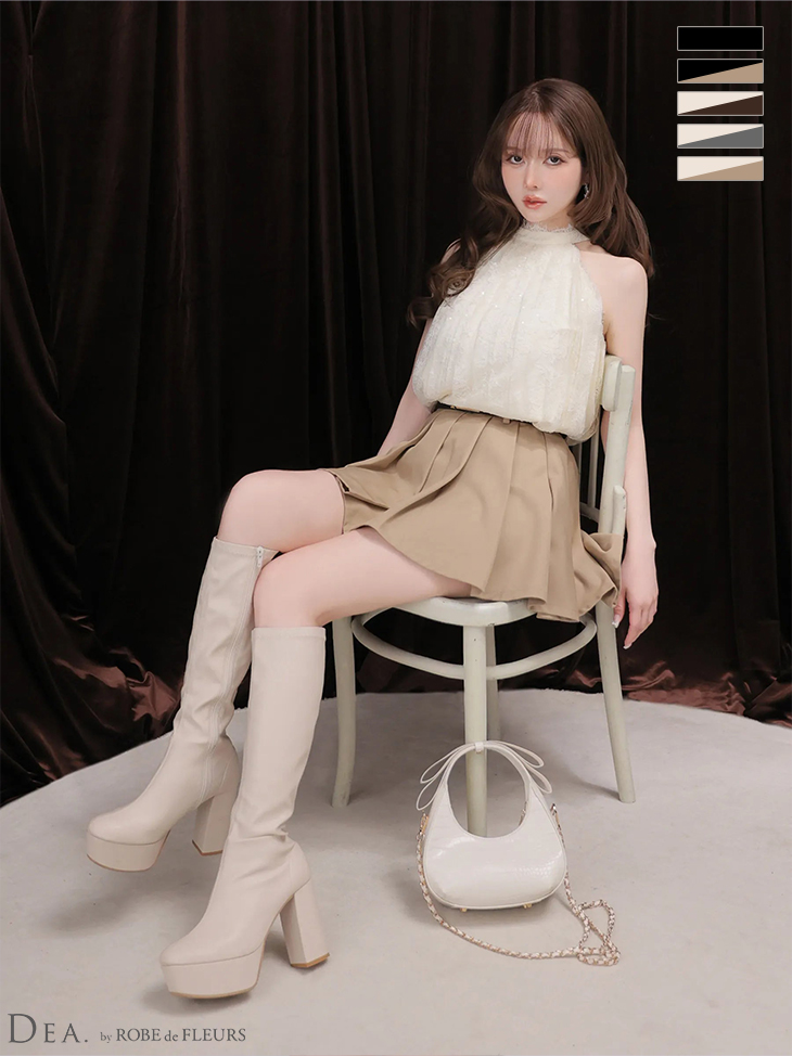 ホルターネック スパンコールレース ベルト プリーツ セットアップ フレアミニドレスのイメージ画像1