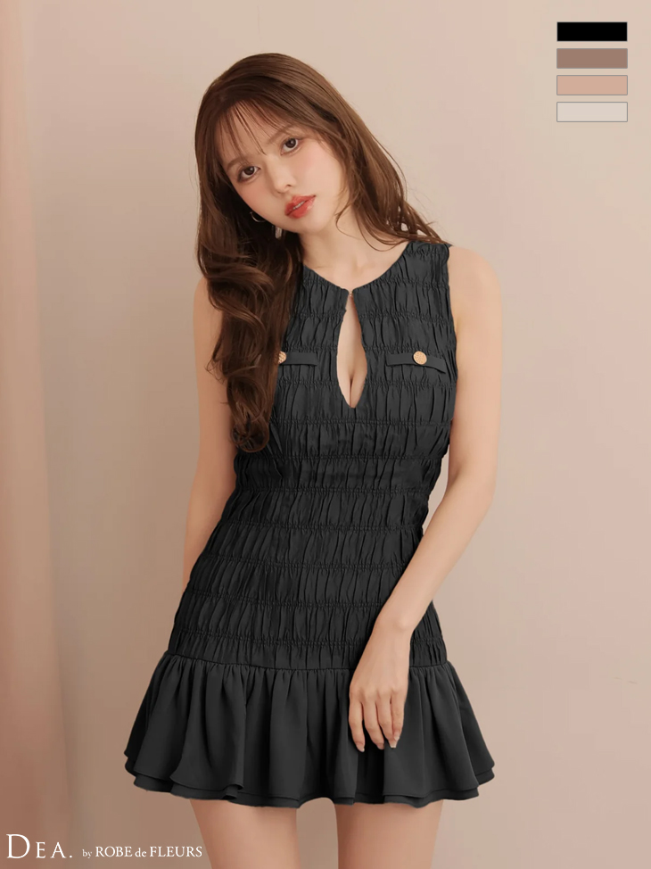 ノースリーブ ギャザー ツイル 裾フリル ゴールドボタン フレアミニドレスのイメージ画像4