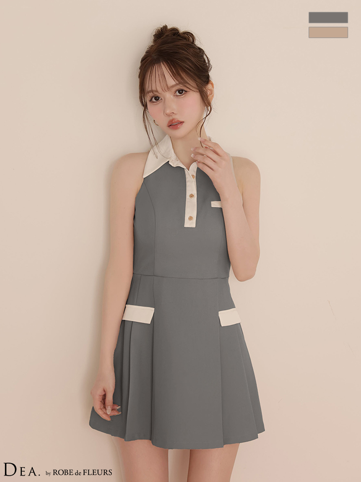 襟付き ノースリーブ ボックスプリーツ バイカラー フレアミニドレスのイメージ画像2