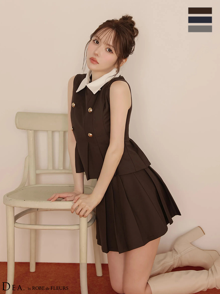 襟付き ノースリーブ ダブルボタン ツイル プリーツ セットアップ フレアミニドレスのイメージ画像1