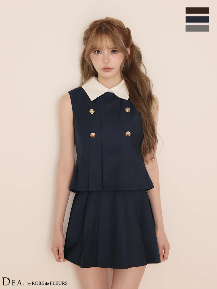 襟付き ノースリーブ ダブルボタン ツイル プリーツ セットアップ フレアミニドレスのイメージ画像2