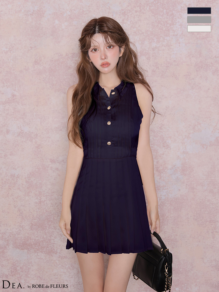 襟付き ノースリーブ ボタン プリーツ サテン フレアミニドレスのイメージ画像3