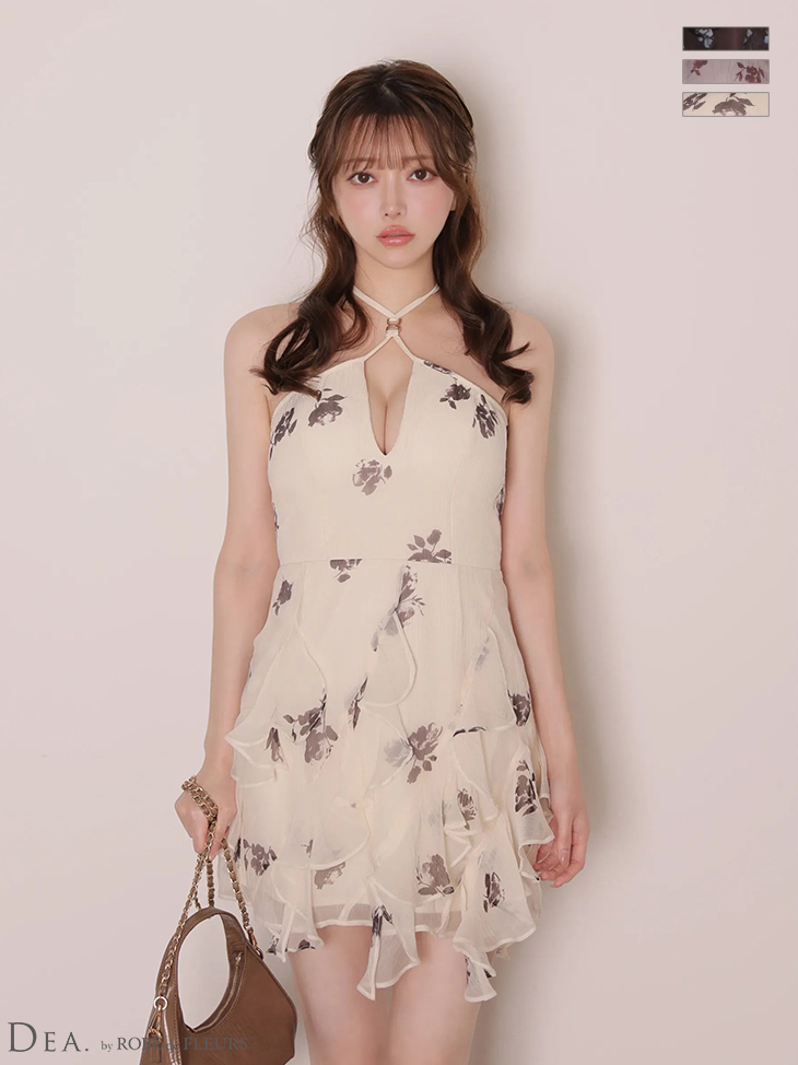 ホルターネック オープンバスト サテン シフォン 花柄 フレアミニドレスのイメージ画像2