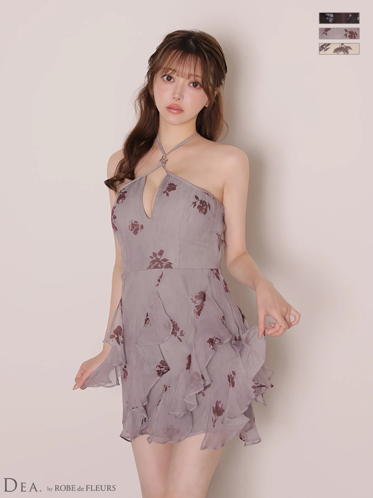 ホルターネック オープンバスト サテン シフォン 花柄 フレアミニドレスのイメージ画像3