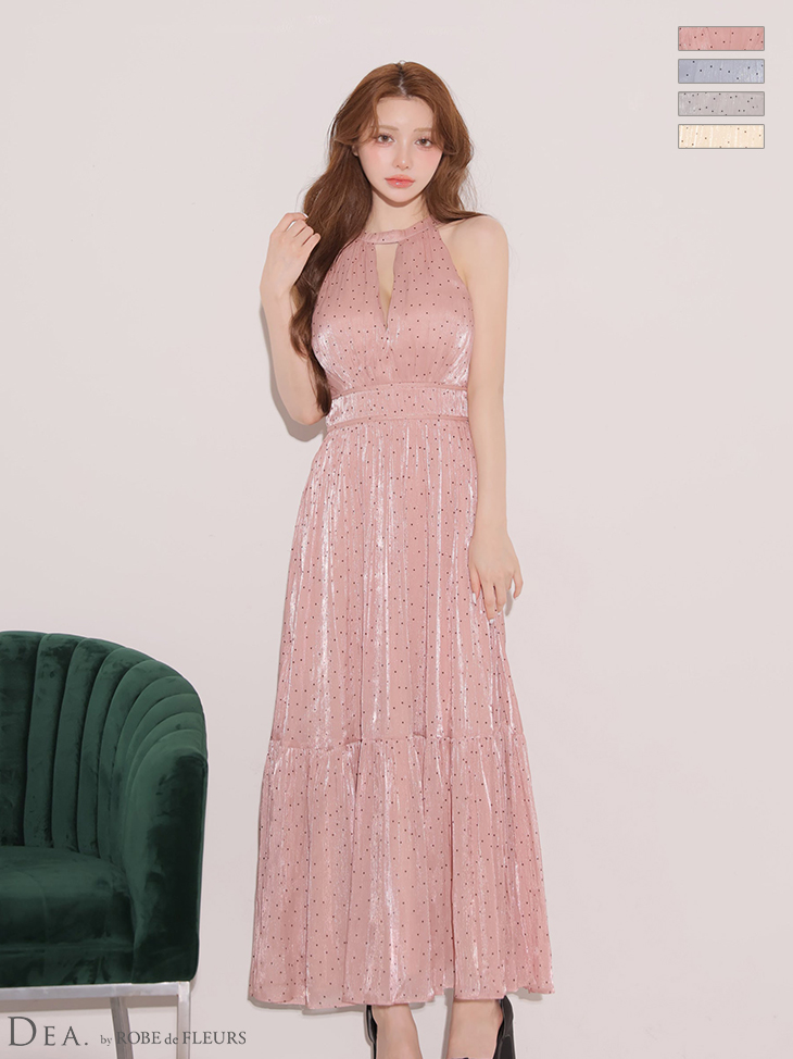 ホルターネック リボン バストカット ドット柄 バックオープン シフォン フレアロングドレスのイメージ画像3