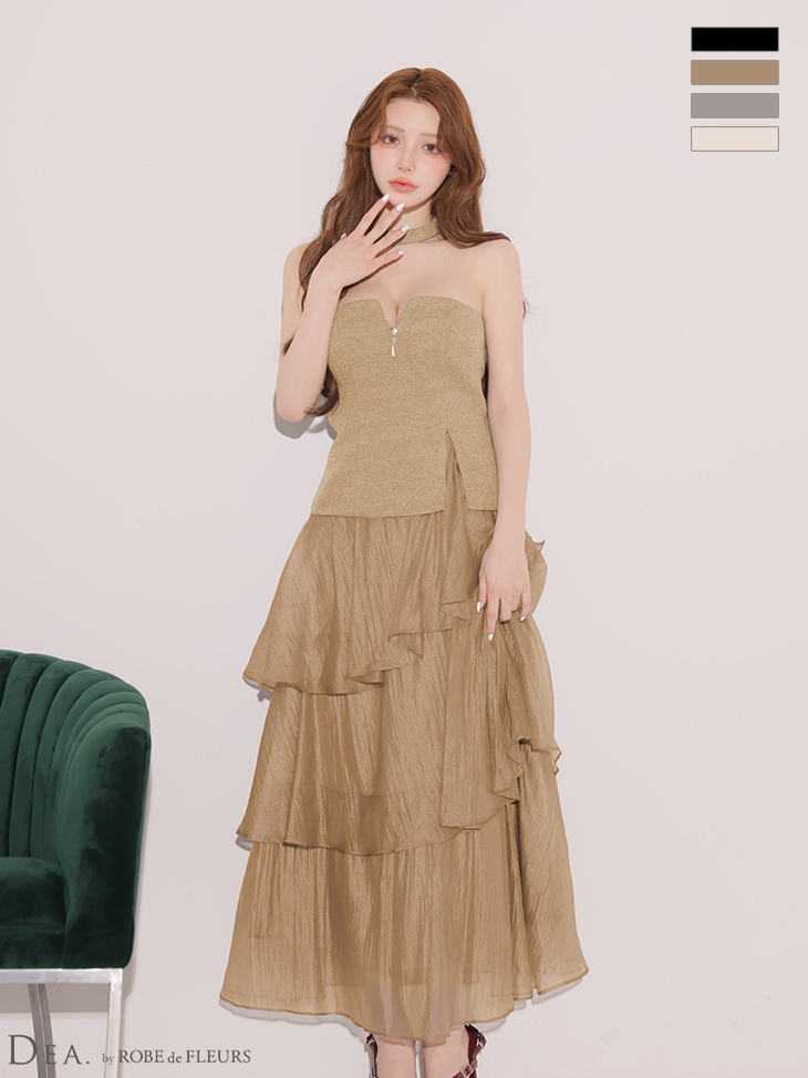 チョーカー風 ラメニット ジップデザイン シフォン アシンメトリー ティアード セットアップ Aラインロングドレスのイメージ画像1