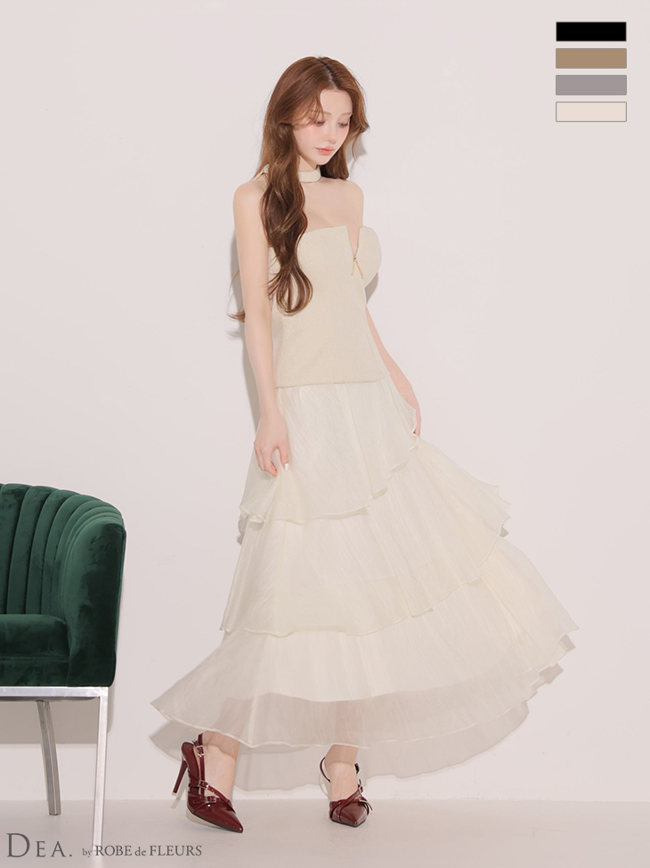 チョーカー風 ラメニット ジップデザイン シフォン アシンメトリー ティアード セットアップ Aラインロングドレスのイメージ画像2
