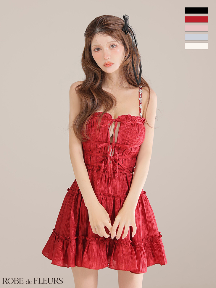 ガーリー キャミソール ビジュー オープンバスト リボン ウエストスリット シャーリング サテン フレアミニドレスのイメージ画像5