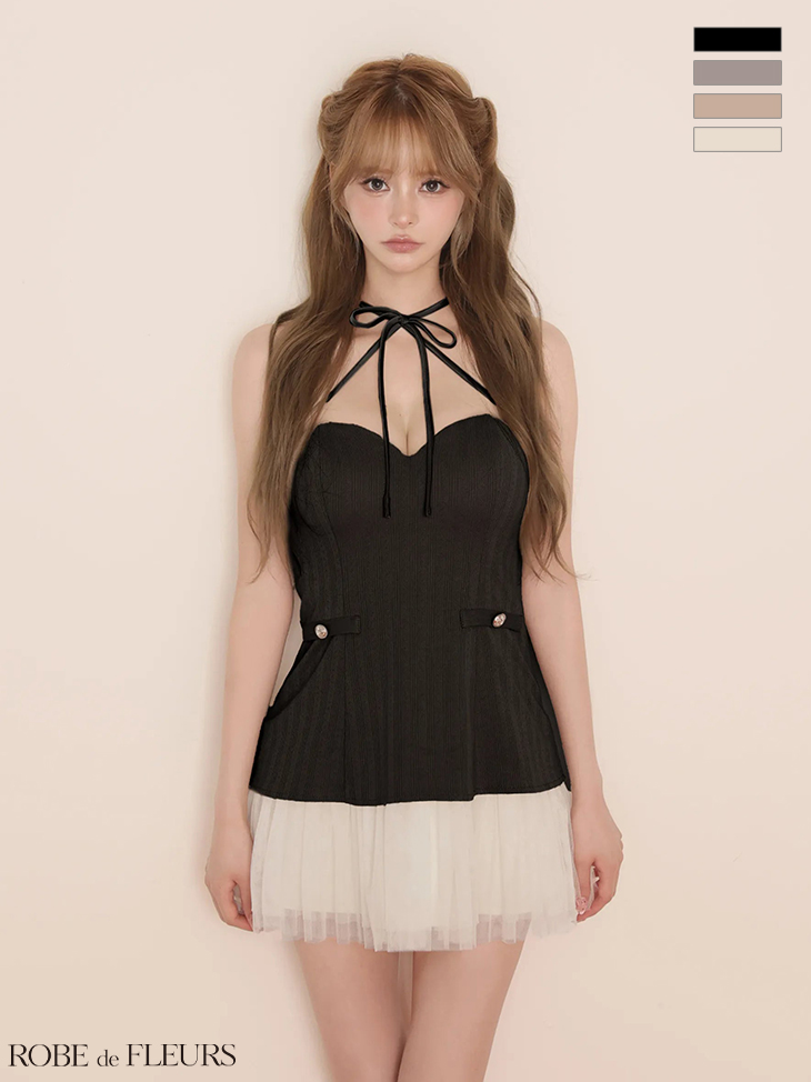 ホルターネック リボン ハートカット ニット チュール フレアミニドレスのイメージ画像2