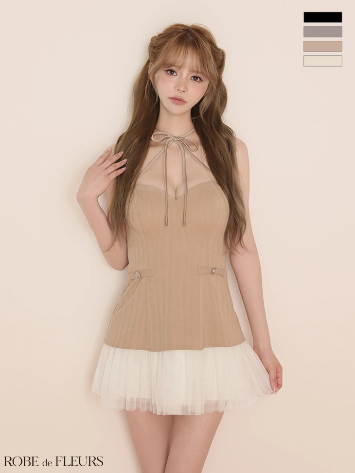 ホルターネック リボン ハートカット ニット チュール フレアミニドレスのイメージ画像3