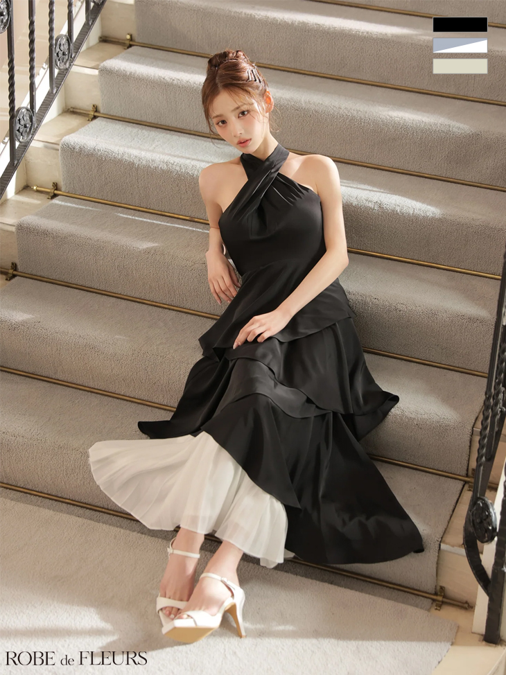 2way ホルターネック タック クロスデザイン バックリボン アシメントリー ティアード プリーツ Aラインロングドレスのイメージ画像3